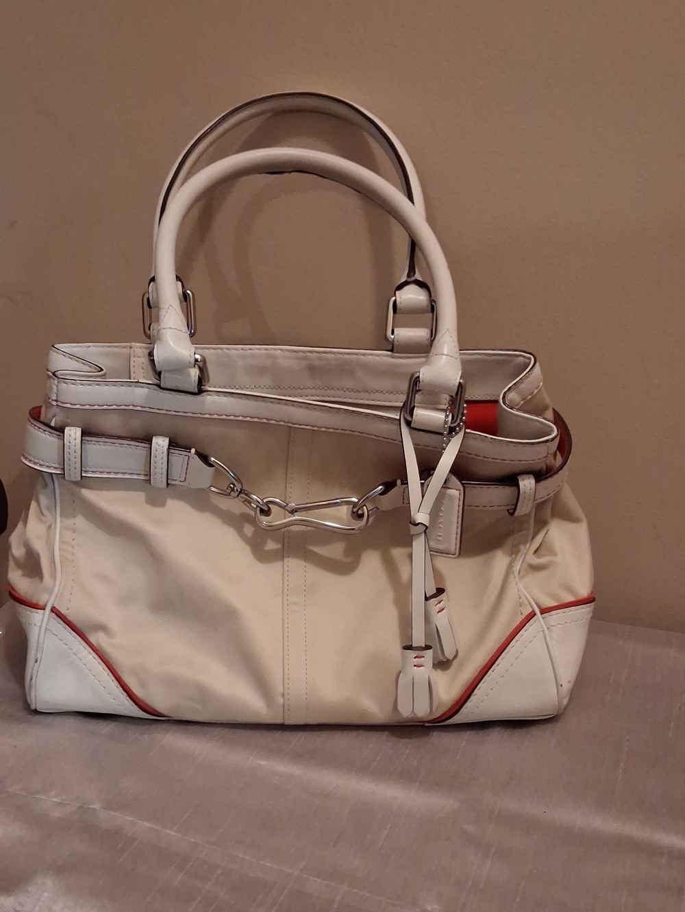Coach 2007 Cream and White Structured Tote Handbag with Red Trim With Tassels.